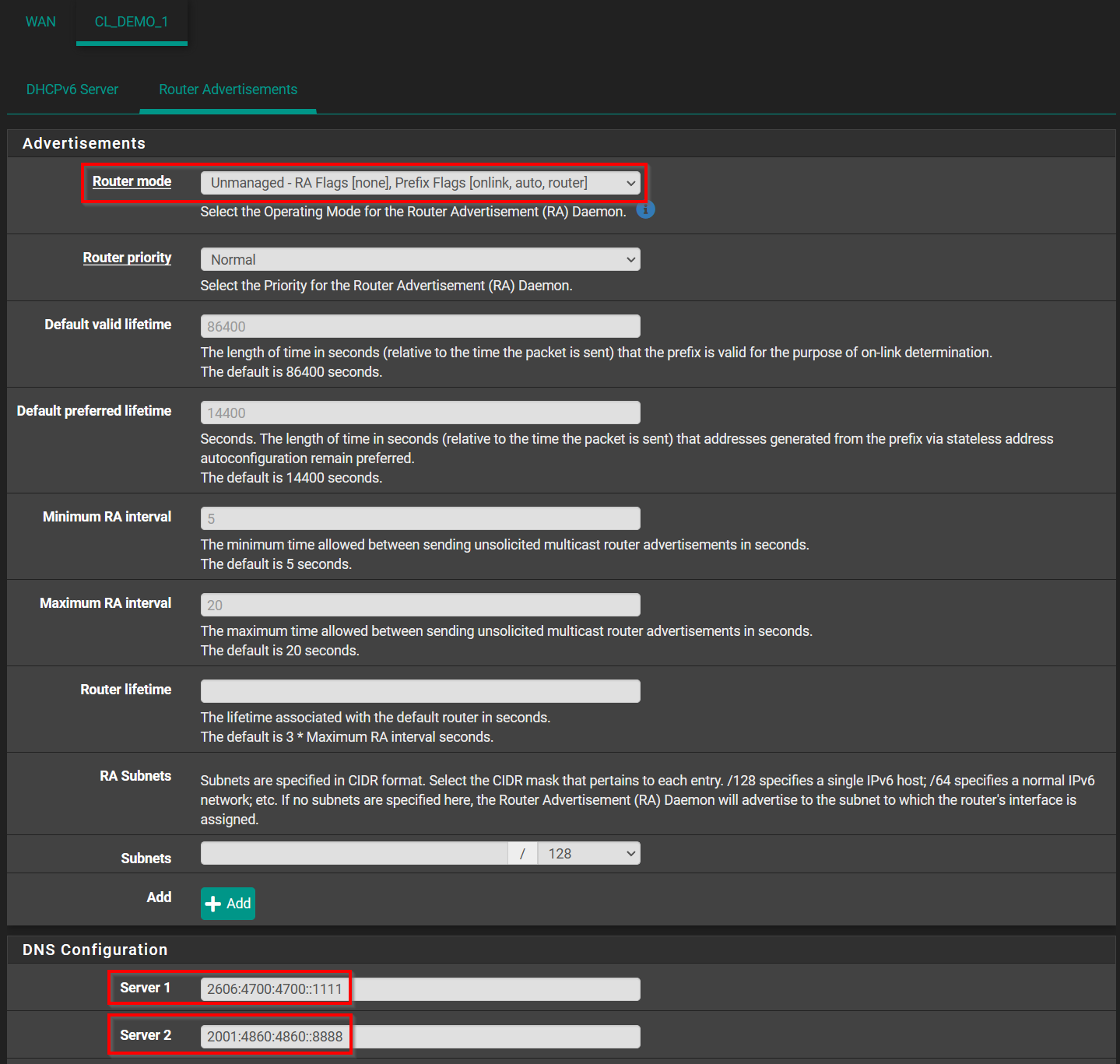 IPv6 LAN interface ra and rdnss
