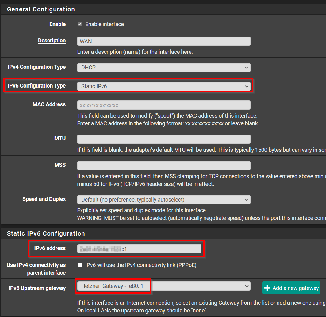 IPv6 WAN interface config